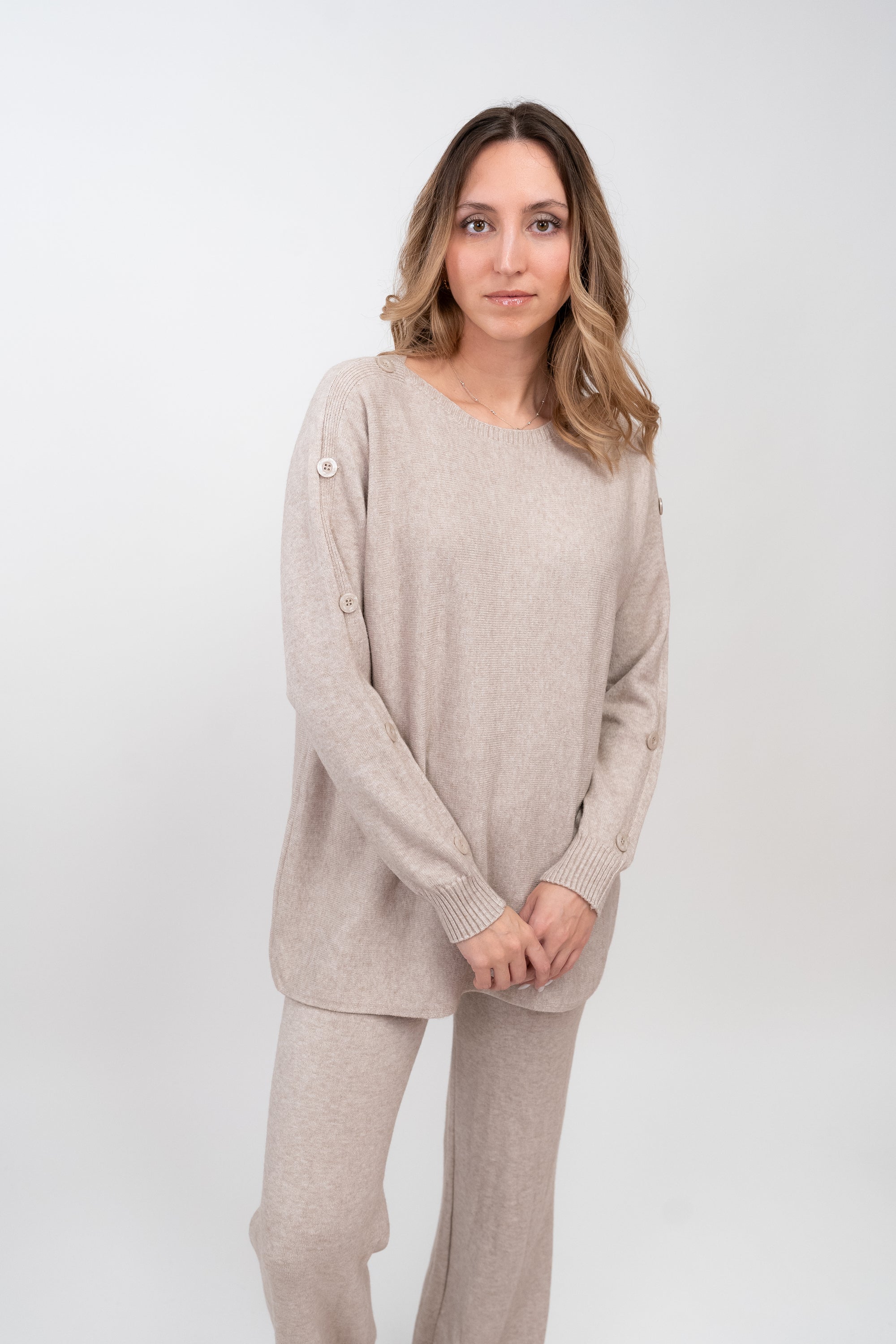 Knitted Button-Down Sweater + Trousers Set