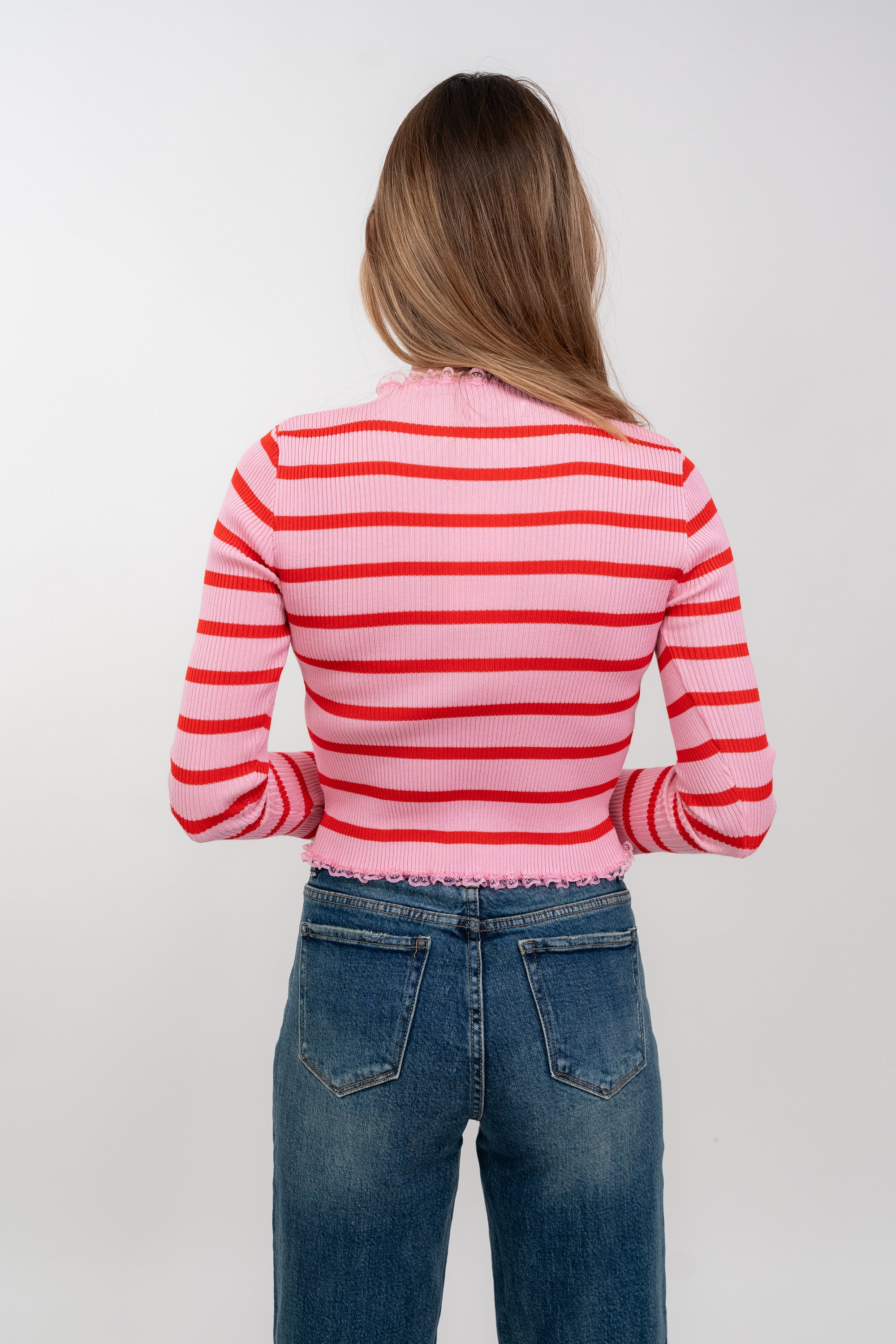Camisola de Malha Cropped com Riscas e Renda