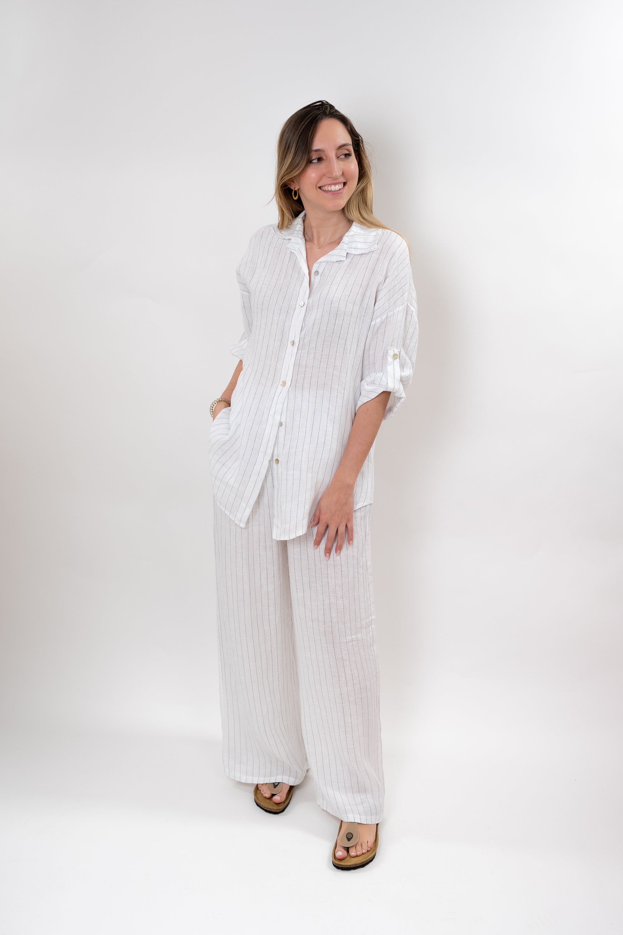 Pantalones anchos de rayas de lino 100 %