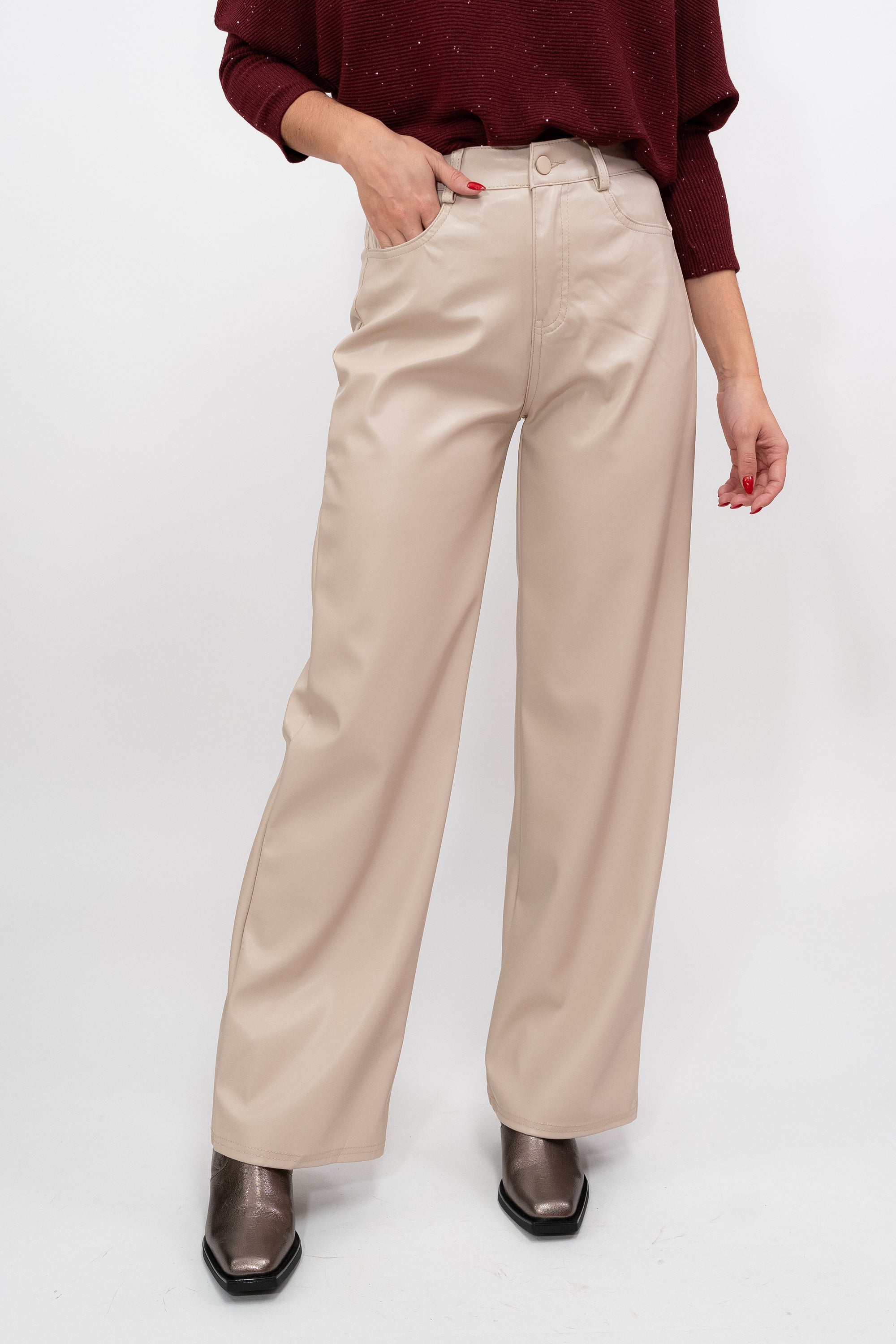 Wide-cut faux leather trousers